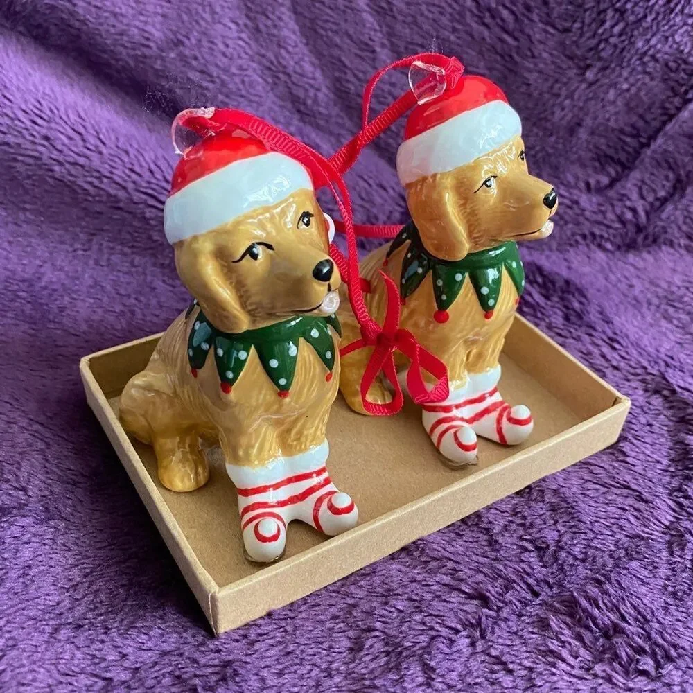 Blue Sky Golden Retriever Christmas Ornament Set